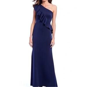 Jessica Howard Navy One Shoulder Ruffle Maxi Gown Formal Wedding Size 14
